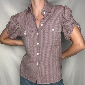 Chloé Micro Houndstooth Wool Ruched Sleeve Button-Up Blouse